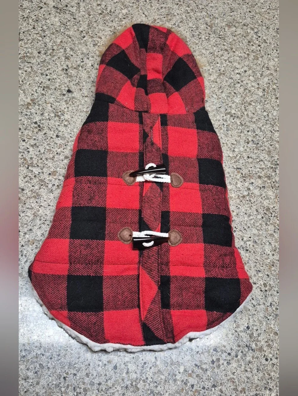 Vibrant Life Dog Coat Small Red Black Plaid Buffalo Check Fleece Faux Fur Hood